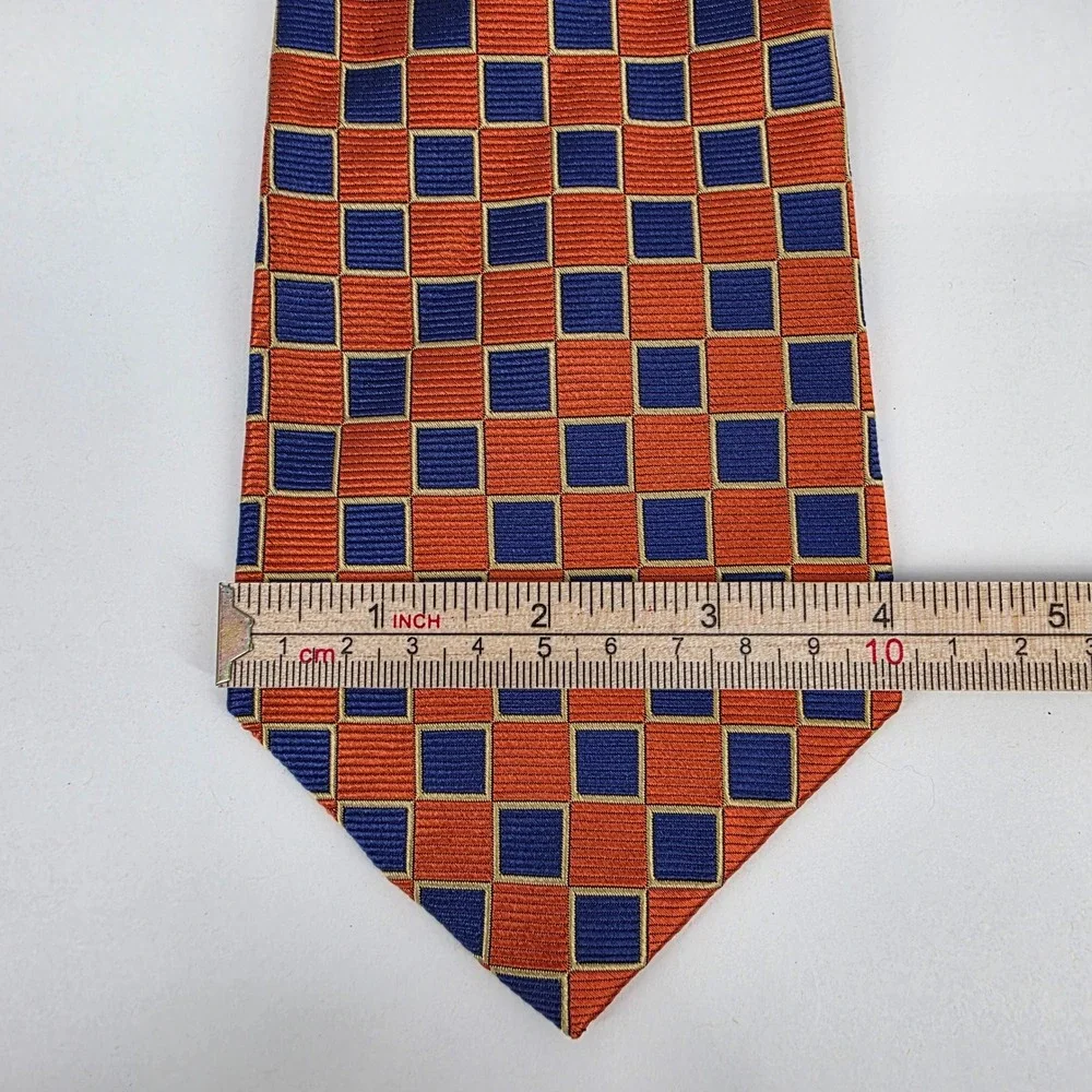 Paul Fredrick‎ Geometric Silk Necktie Mens Orange Blue Check Pattern